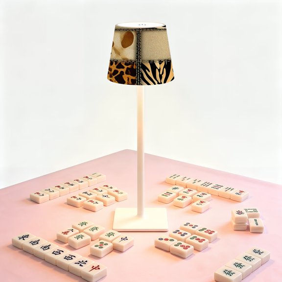 Leopard Print Mahjong Table LED Lamp, Animal Print Patchwork Gold Black cheetah Leopard, Cordless Touch Control 3 Color Dimmable Rechargeable Light, Bedside Nightstand Decor Gift for Mahjong Lover