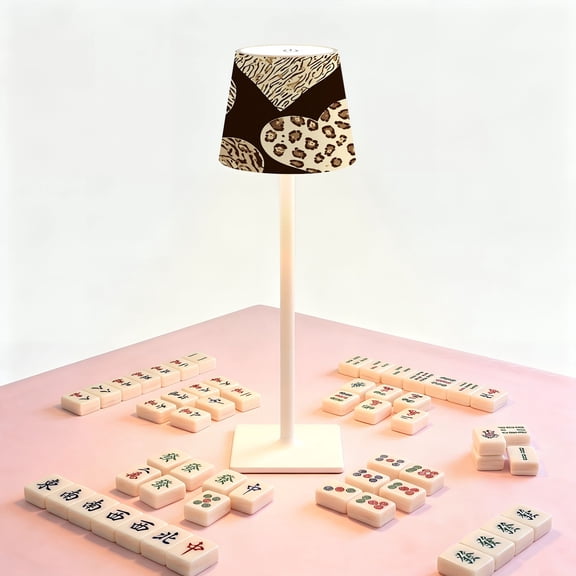 Leopard Print Mahjong Table LED Lamp, Leopard Zebra Heart cheetah Brown Tones Animal, Cordless Touch Control 3 Color Dimmable Rechargeable Light, Bedside Nightstand Decor Gift for Mahjong Lover