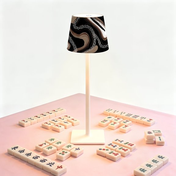 Leopard Print Mahjong Table LED Lamp, Wavy Chain Black Beige White Fluid Marble, Cordless Touch Control 3 Color Dimmable Rechargeable Light, Bedside Nightstand Decor Gift for Mahjong Lover