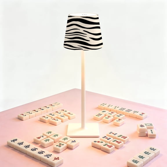 Leopard Print Mahjong Table LED Lamp, Zebra Stripe Tribal cheetah Borders Black Cream, Cordless Touch Control 3 Color Dimmable Rechargeable Light, Bedside Nightstand Decor Gift for Mahjong Lover