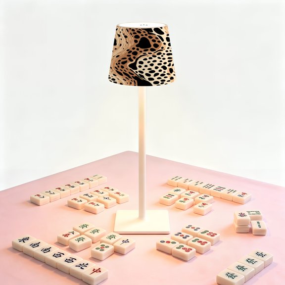 Leopard Print Mahjong Table LED Lamp, cheetah Leopard Print Wavy Organic Shapes Tan, Cordless Touch Control 3 Color Dimmable Rechargeable Light, Bedside Nightstand Decor Gift for Mahjong Lover