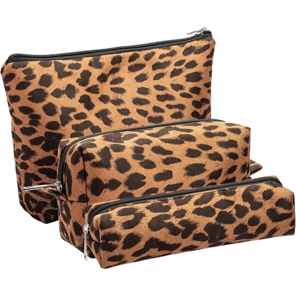 Leopard Print Makeup Bags, 3 count, Large Capacity, Soft, Warm, Travel Toiletry Organizer (Brown)