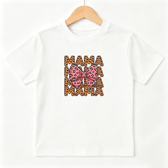 Leopard Print Mama Girls Graphic Tee, Cute Retro Pink Cheetah Bow 100% Cotton Kids Short Sleeve T-Shirt