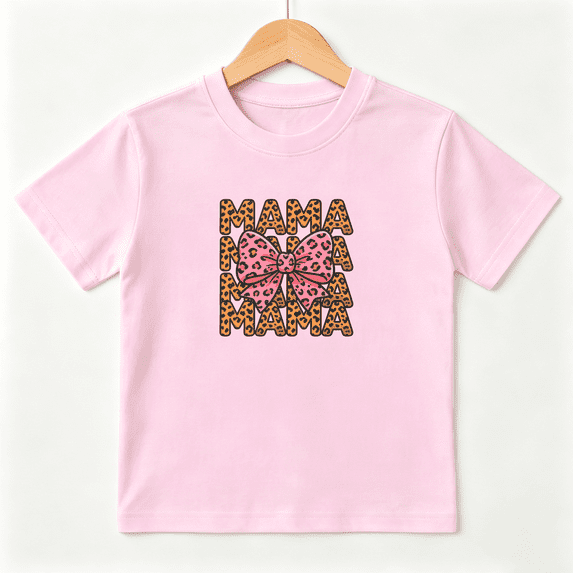Leopard Print Mama Girls Graphic Tee, Cute Retro Pink Cheetah Bow 100% Cotton Kids Short Sleeve T-Shirt