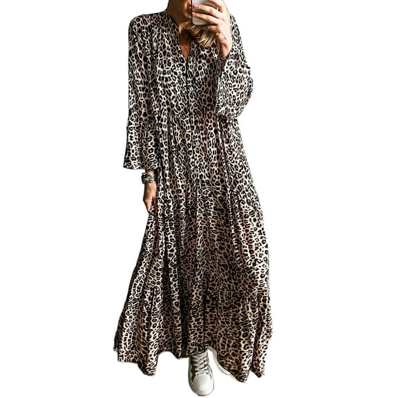 Leopard Print Maxi Dress - Classic and Flattering Apricot Color with Wide Sleeves and Button Front | [ZhiHiMeRi] | (US 8-10)M