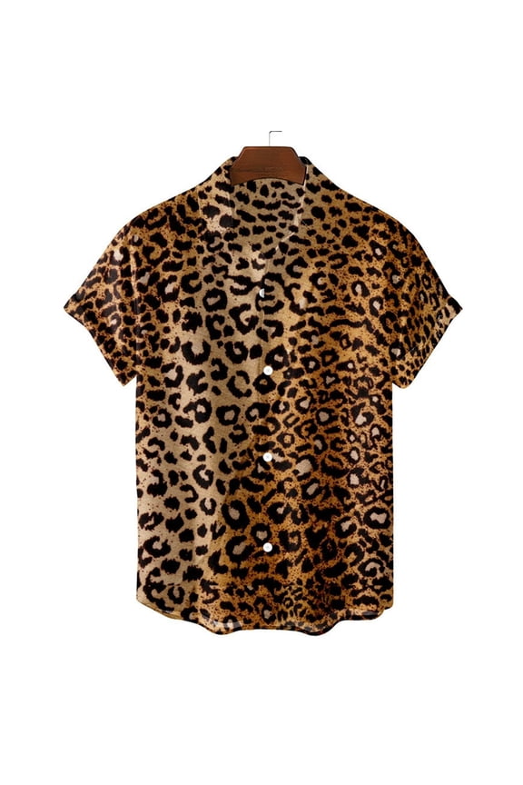 Leopard Print Mens Button Down Shirt Short Sleeve Shirts Turn Down Collar Summer Lightweight Top Coffee XXL