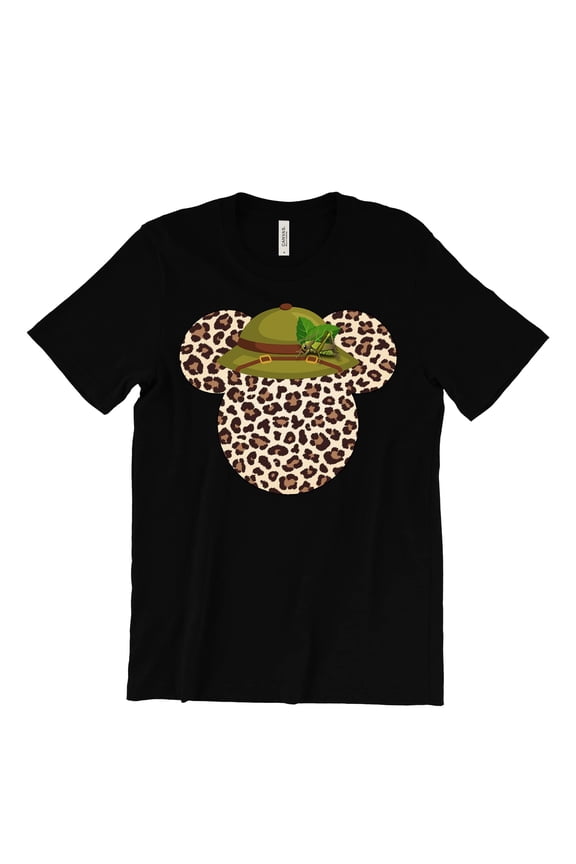 Leopard Print Mickey Ears with Safari Hat Shirt, Animal Kingdom Shirt for Men Women, Matching Couples Tshirt (Large, Black Mickey)