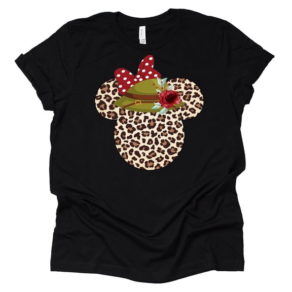 Leopard Print Mickey Ears with Safari Hat Shirt, Animal Kingdom Shirt for Men Women, Matching Couples Tshirt (Medium, Black Minnie)
