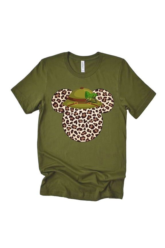Leopard Print Mickey Ears with Safari Hat Shirt, Animal Kingdom Shirt for Men Women, Matching Couples Tshirt (Small, Olive Mickey)