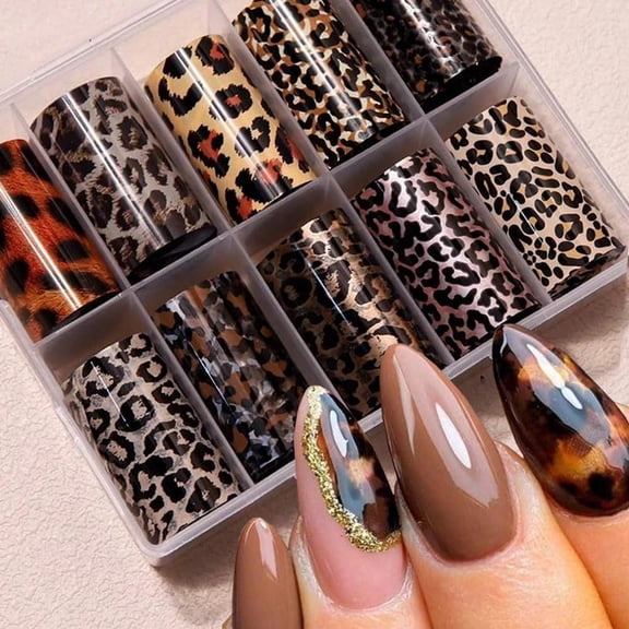 Leopard Print Nail Art Foils Transfer Stickers 10Pcs Leopard Snake Print Nail Foils Adhesive Decals Nail Supplies Laser Starry Sky Paper Manicure Accessories for Women Fall Nail Art Decorations