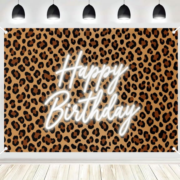 Leopard Print Neon Happy Birthday Photography Backdrop, Animal Pattern Photo Background for Adult Birthday Party Decor 3x5ft