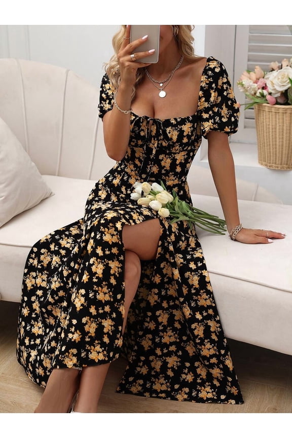 Leopard Print Off-Shoulder Thigh Slit A-Line Midi Dress for Women, Elegant Resort Wear