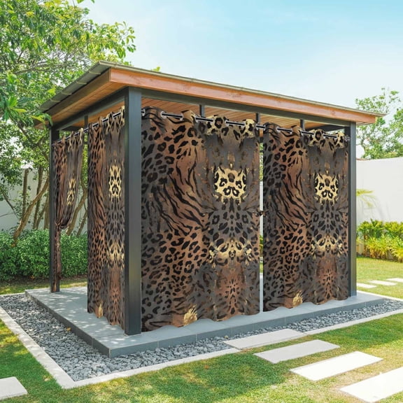 Leopard Print Outdoor Curtains for Patio, Ethnic Style Gold Black Gradient Fur Texture Sunshade Privacy Drapes Grommet Waterproof Outside Curtains for Porch/Cabana/Balcony 54"x 108", 1 Panel