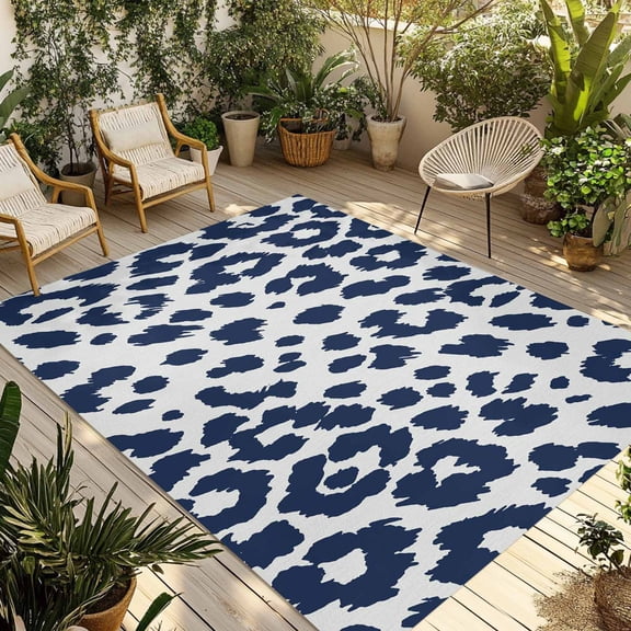 Leopard Print Outdoor Rug 3x5 ft Morandi Style Navy Blue Leopard Print Country Non Slip Patio Rug Washable Absorbent Large Outdoor Carpet Outside Mat for Porch RV Garden Camping
