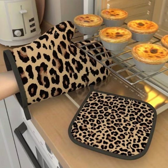 Leopard Print Oven Mitts - Heat-Resistant Kitchen Gloves for Cooking, Baking, and Grilling