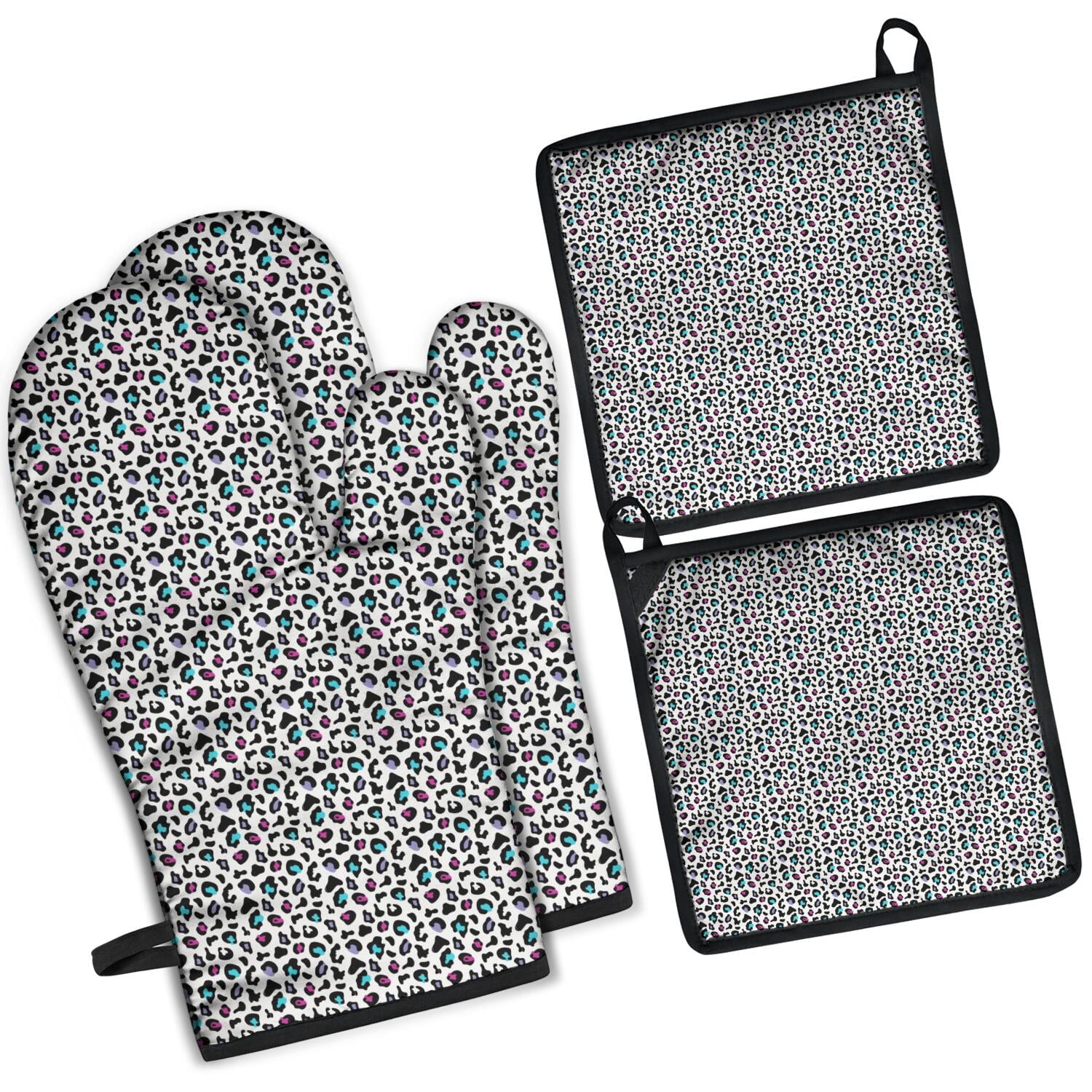 Leopard Print Oven Mitts and Pot Holders Set Of 4, Heat Resistant Kitchen Gloves with Non-Slip Grip, Hanging Loop, Soft Cotton Lining for Baking, Cooking, Grilling, Barbecue