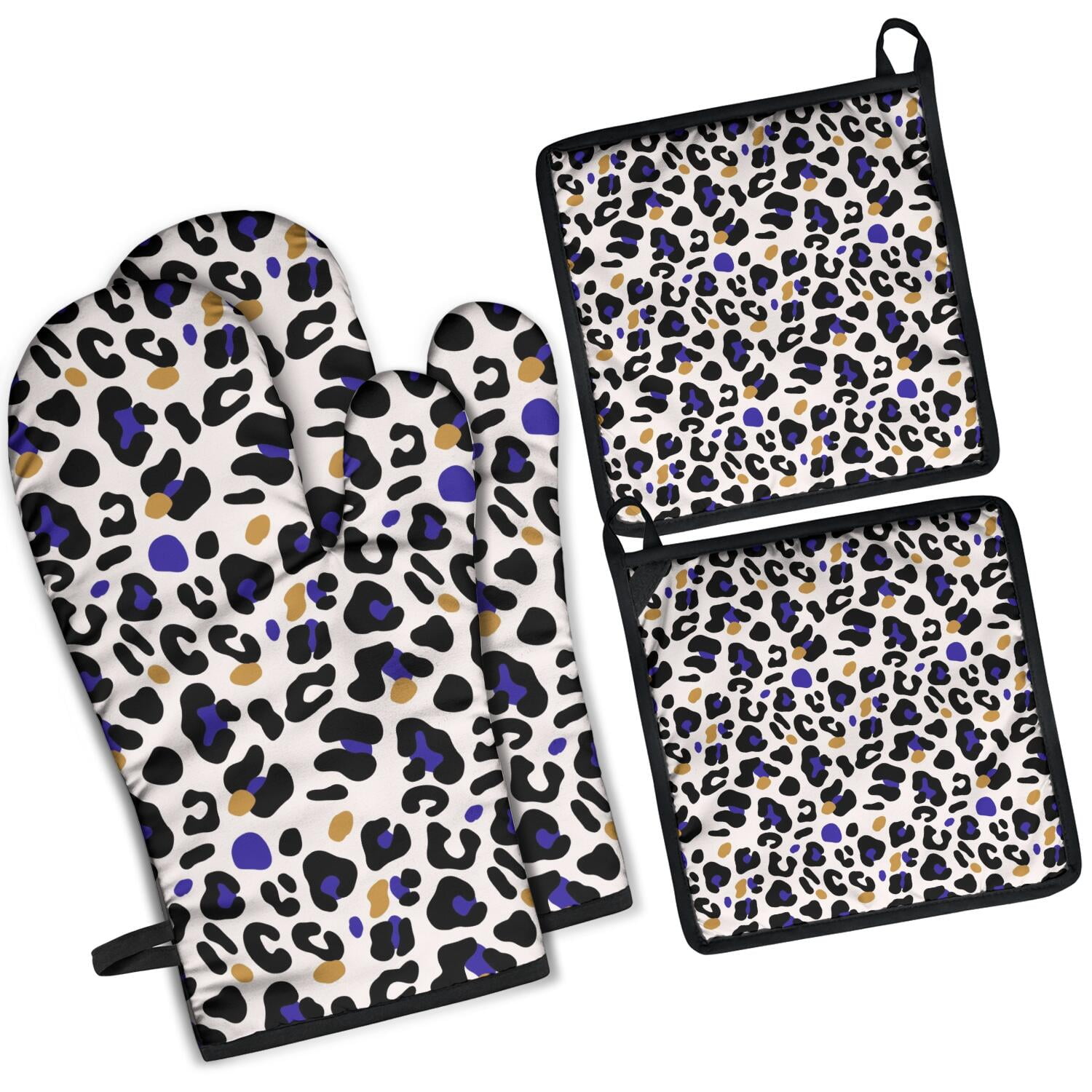 Leopard Print Oven Mitts and Pot Holders Set Of 4, Heat Resistant Kitchen Gloves with Non-Slip Grip, Hanging Loop, Soft Cotton Lining for Baking, Cooking, Grilling, Barbecue