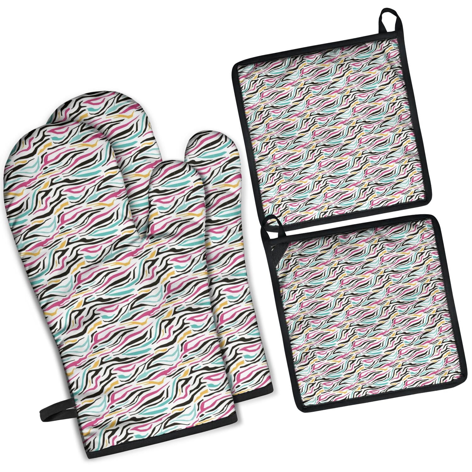 Leopard Print Oven Mitts and Pot Holders Set Of 4, Heat Resistant Kitchen Gloves with Non-Slip Grip, Hanging Loop, Soft Cotton Lining for Baking, Cooking, Grilling, Barbecue