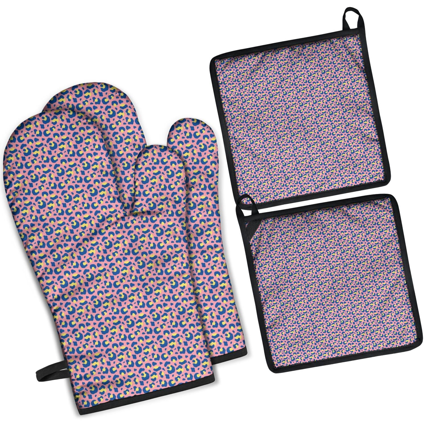 Leopard Print Oven Mitts and Pot Holders Set Of 4, Heat Resistant Kitchen Gloves with Non-Slip Grip, Hanging Loop, Soft Cotton Lining for Baking, Cooking, Grilling, Barbecue