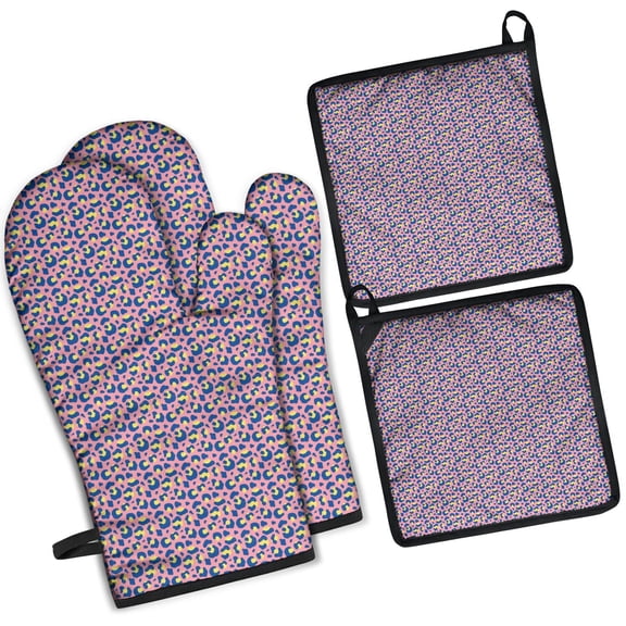 Leopard Print Oven Mitts and Pot Holders Set Of 4, Heat Resistant Kitchen Gloves with Non-Slip Grip, Hanging Loop, Soft Cotton Lining for Baking, Cooking, Grilling, Barbecue