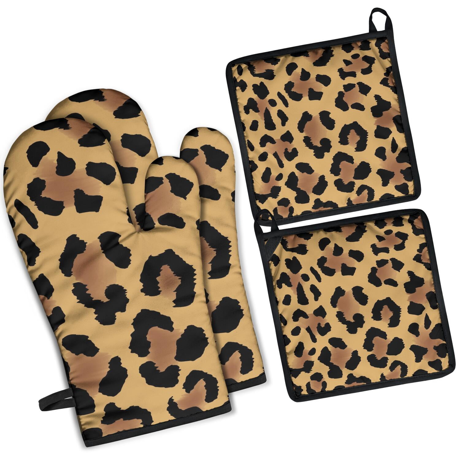 Leopard Print Oven Mitts and Pot Holders Set Of 4, Heat Resistant Kitchen Gloves with Non-Slip Grip, Hanging Loop, Soft Cotton Lining for Baking, Cooking, Grilling, Barbecue