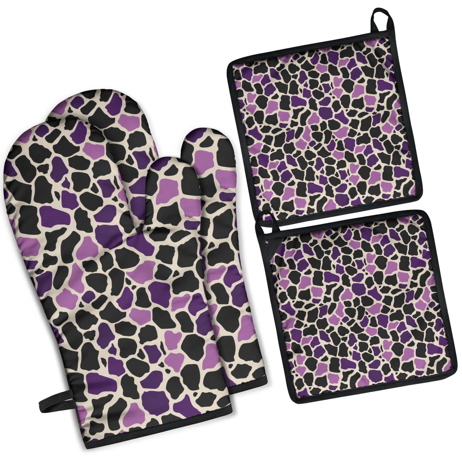 Leopard Print Oven Mitts and Pot Holders Set Of 4, Heat Resistant Kitchen Gloves with Non-Slip Grip, Hanging Loop, Soft Cotton Lining for Baking, Cooking, Grilling, Barbecue