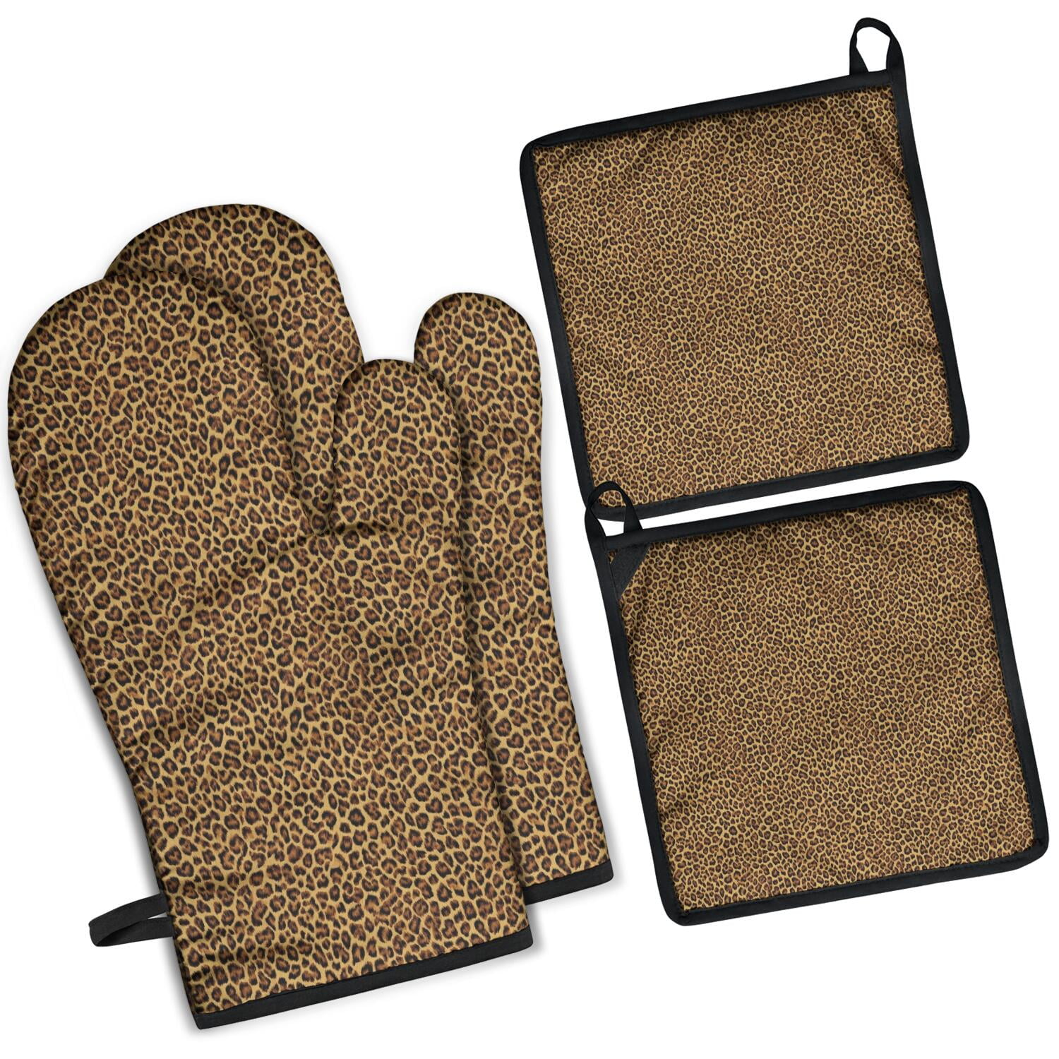 Leopard Print Oven Mitts and Pot Holders Set Of 4, Heat Resistant Kitchen Gloves with Non-Slip Grip, Hanging Loop, Soft Cotton Lining for Baking, Cooking, Grilling, Barbecue