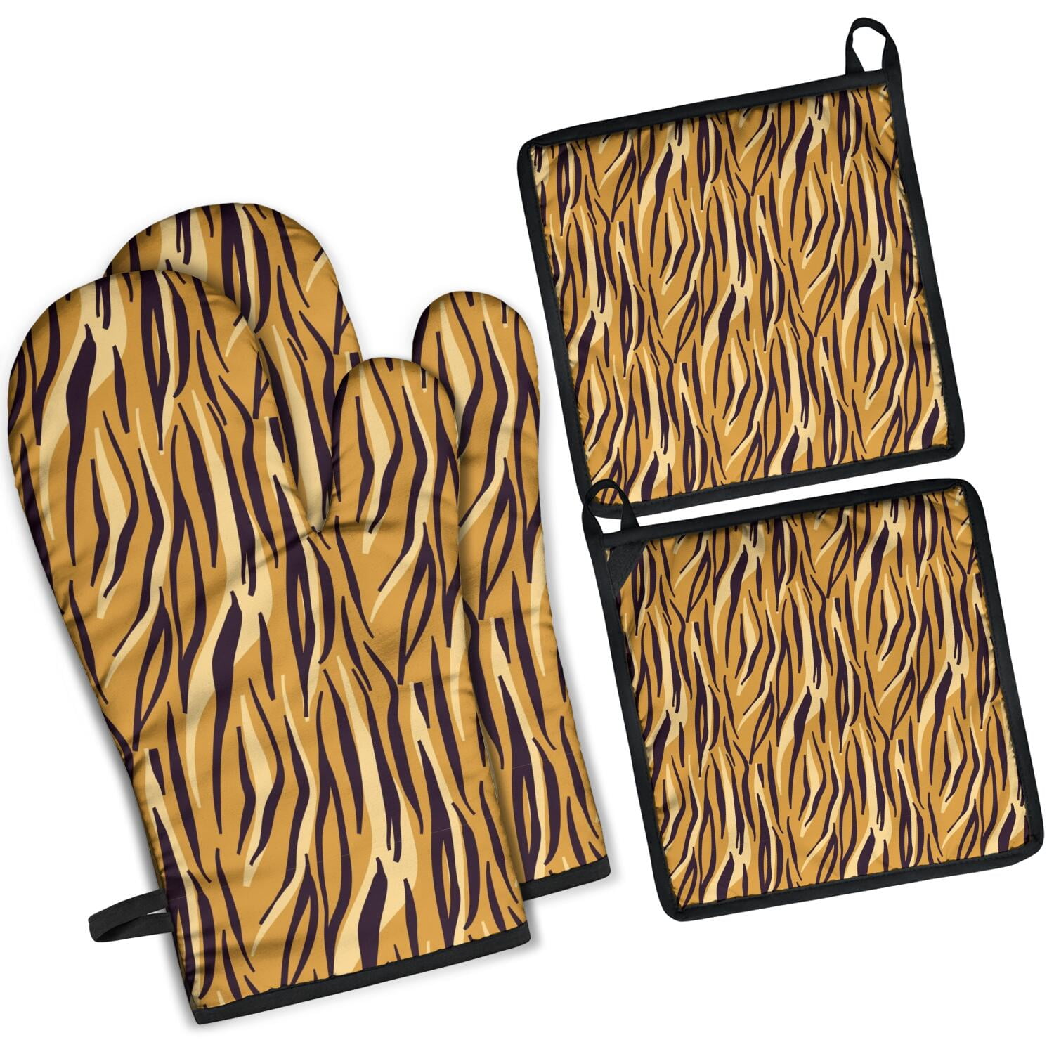 Leopard Print Oven Mitts and Pot Holders Set Of 4, Heat Resistant Kitchen Gloves with Non-Slip Grip, Hanging Loop, Soft Cotton Lining for Baking, Cooking, Grilling, Barbecue