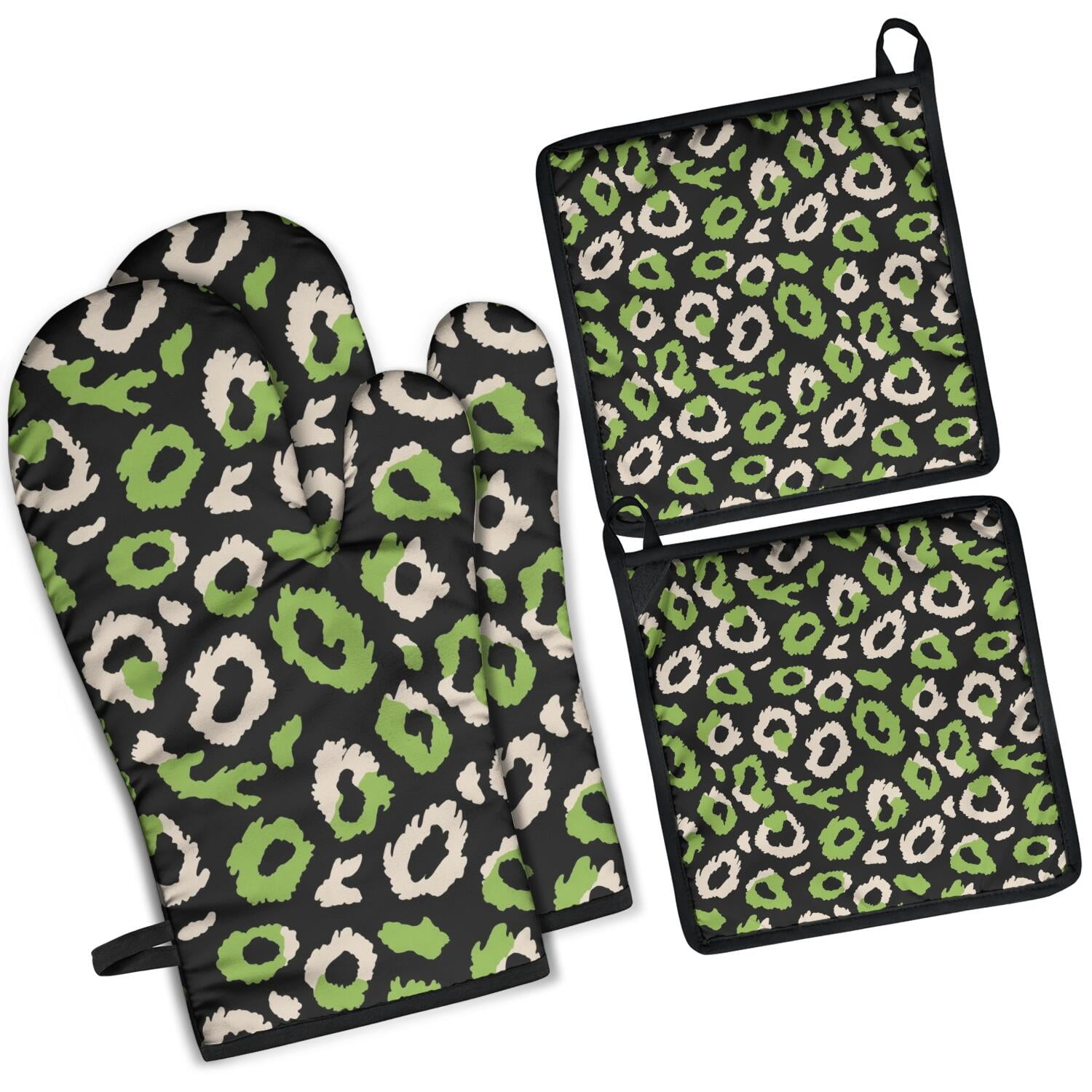 Leopard Print Oven Mitts and Pot Holders Set Of 4, Heat Resistant Kitchen Gloves with Non-Slip Grip, Hanging Loop, Soft Cotton Lining for Baking, Cooking, Grilling, Barbecue
