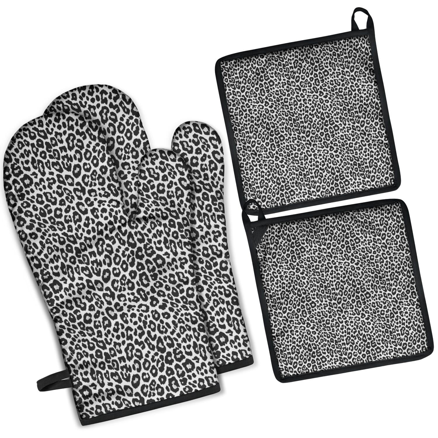 Leopard Print Oven Mitts and Pot Holders Set Of 4, Heat Resistant Kitchen Gloves with Non-Slip Grip, Hanging Loop, Soft Cotton Lining for Baking, Cooking, Grilling, Barbecue