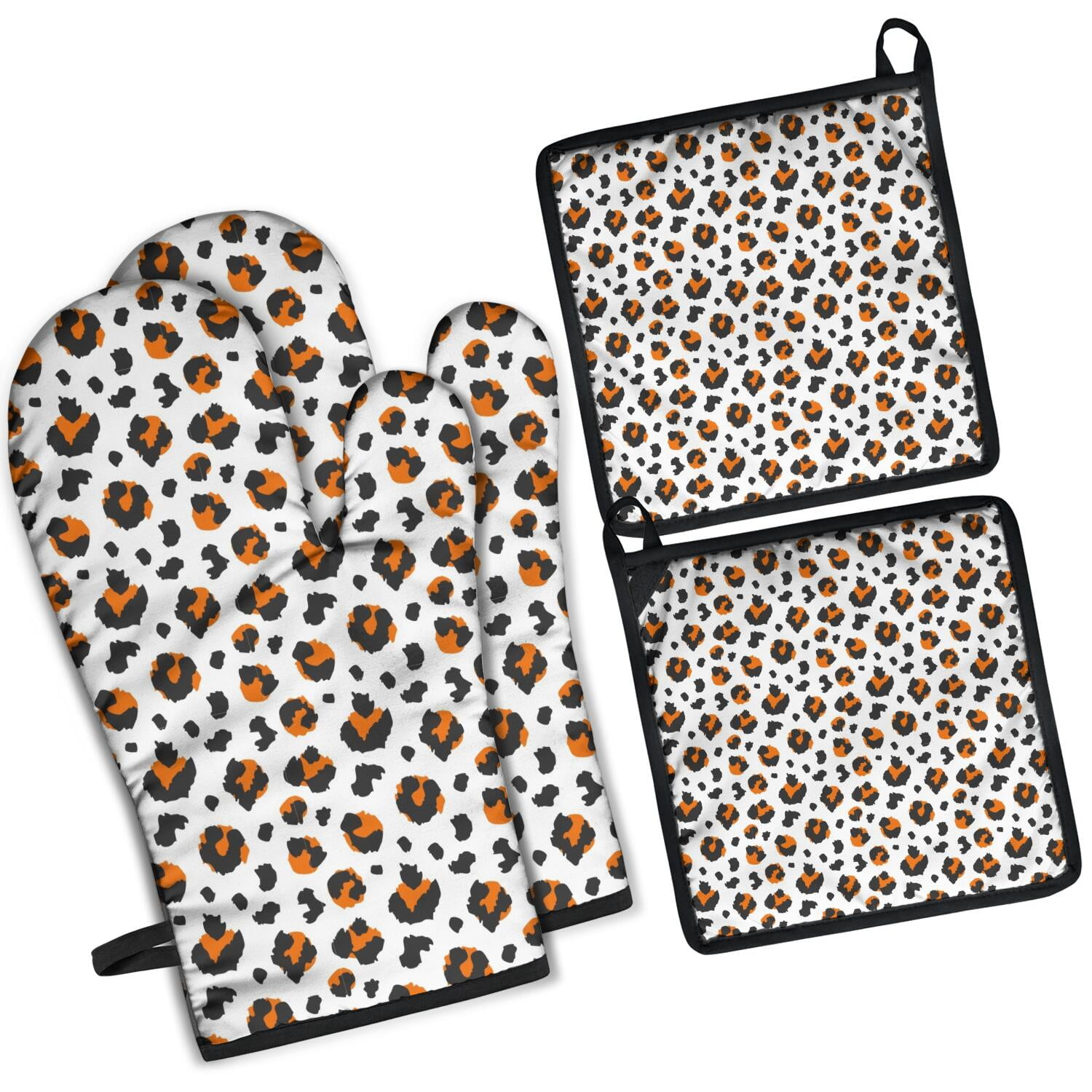 Leopard Print Oven Mitts and Pot Holders Set Of 4, Heat Resistant Kitchen Gloves with Non-Slip Grip, Hanging Loop, Soft Cotton Lining for Baking, Cooking, Grilling, Barbecue