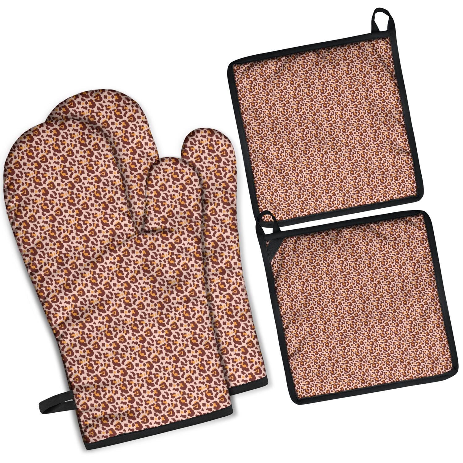 Leopard Print Oven Mitts and Pot Holders Set Of 4, Heat Resistant Kitchen Gloves with Non-Slip Grip, Hanging Loop, Soft Cotton Lining for Baking, Cooking, Grilling, Barbecue