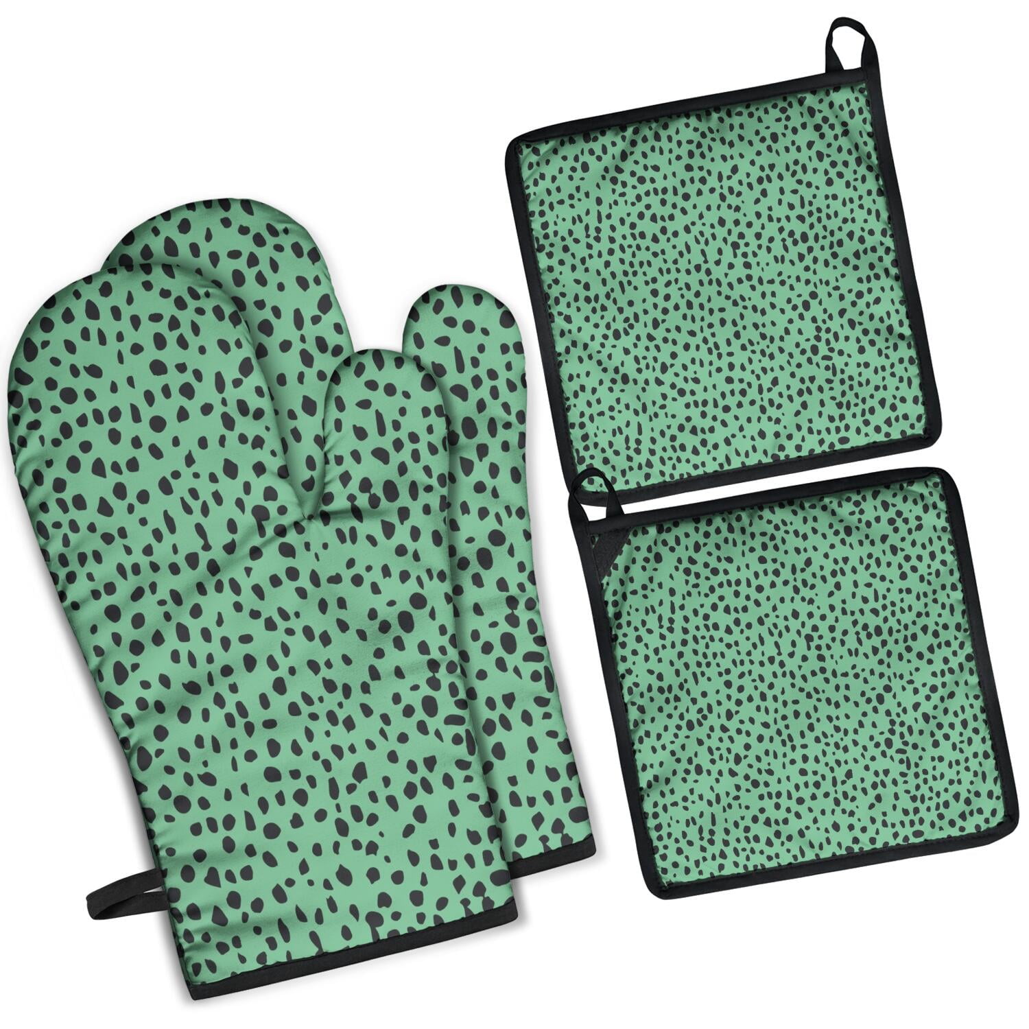 Leopard Print Oven Mitts and Pot Holders Set Of 4, Heat Resistant Kitchen Gloves with Non-Slip Grip, Hanging Loop, Soft Cotton Lining for Baking, Cooking, Grilling, Barbecue