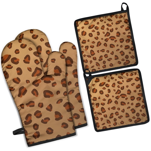Leopard Print Oven Mitts and Pot Holders Set Of 4, Heat Resistant Kitchen Gloves with Non-Slip Grip, Hanging Loop, Soft Cotton Lining for Baking, Cooking, Grilling, Barbecue