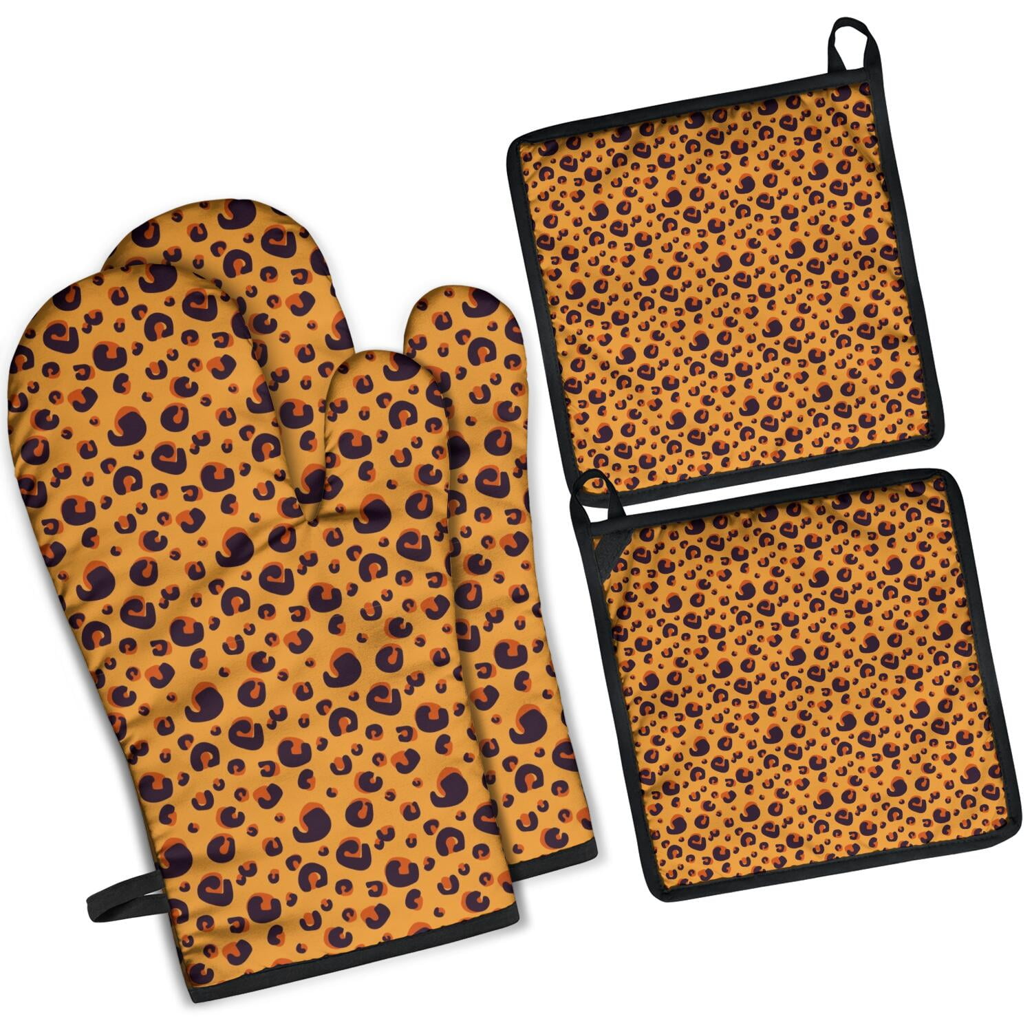 Leopard Print Oven Mitts and Pot Holders Set Of 4, Heat Resistant Kitchen Gloves with Non-Slip Grip, Hanging Loop, Soft Cotton Lining for Baking, Cooking, Grilling, Barbecue