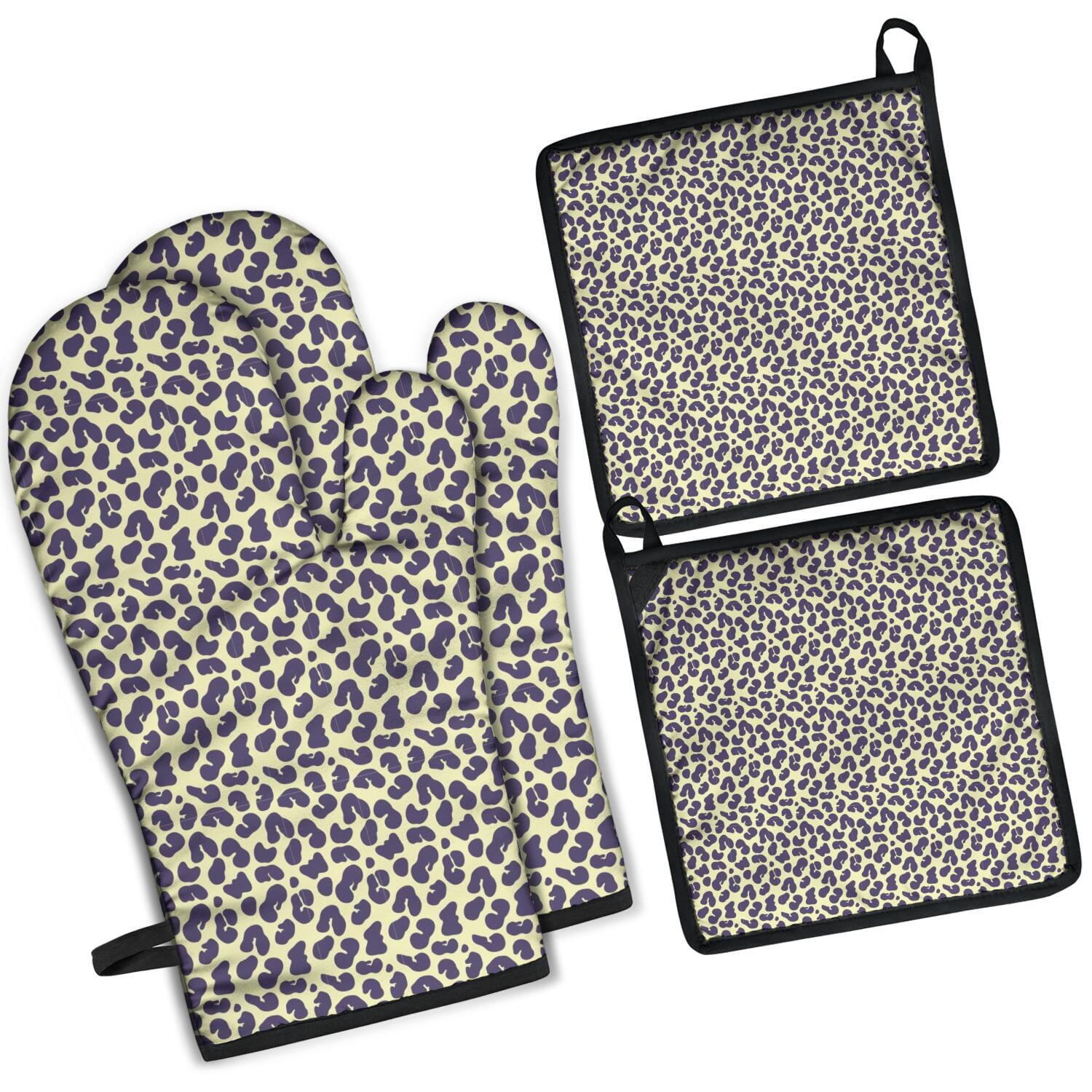 Leopard Print Oven Mitts and Pot Holders Set Of 4, Heat Resistant Kitchen Gloves with Non-Slip Grip, Hanging Loop, Soft Cotton Lining for Baking, Cooking, Grilling, Barbecue