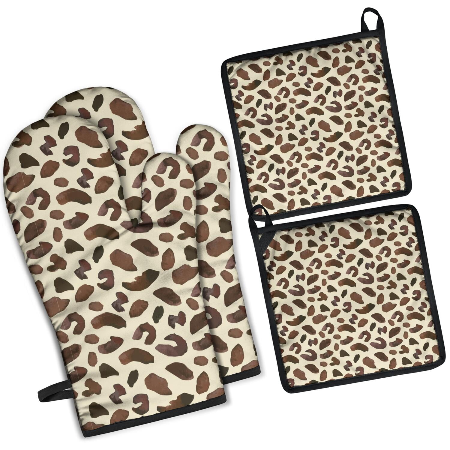 Leopard Print Oven Mitts and Pot Holders Set Of 4, Heat Resistant Kitchen Gloves with Non-Slip Grip, Hanging Loop, Soft Cotton Lining for Baking, Cooking, Grilling, Barbecue