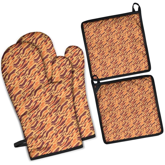 Leopard Print Oven Mitts and Pot Holders Set Of 4, Heat Resistant Kitchen Gloves with Non-Slip Grip, Hanging Loop, Soft Cotton Lining for Baking, Cooking, Grilling, Barbecue