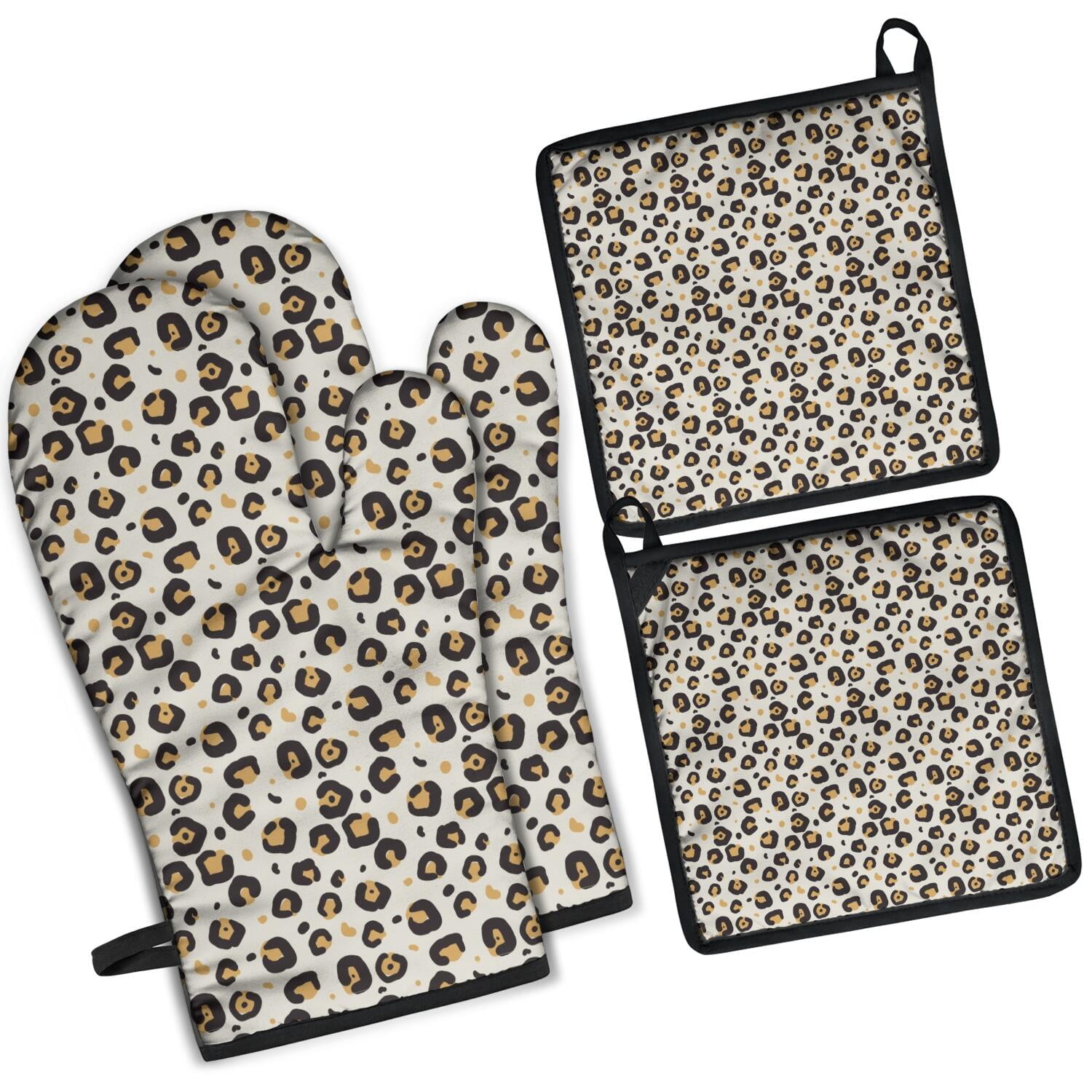 Leopard Print Oven Mitts and Pot Holders Set Of 4, Heat Resistant Kitchen Gloves with Non-Slip Grip, Hanging Loop, Soft Cotton Lining for Baking, Cooking, Grilling, Barbecue