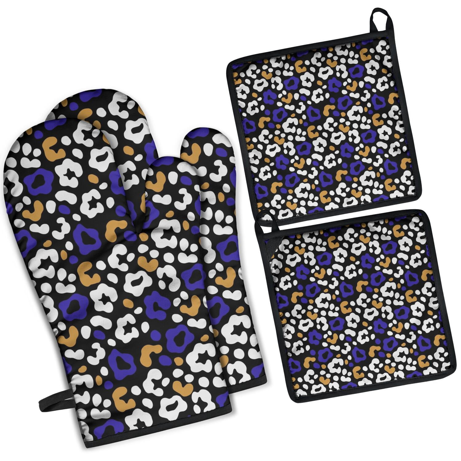 Leopard Print Oven Mitts and Pot Holders Set Of 4, Heat Resistant Kitchen Gloves with Non-Slip Grip, Hanging Loop, Soft Cotton Lining for Baking, Cooking, Grilling, Barbecue