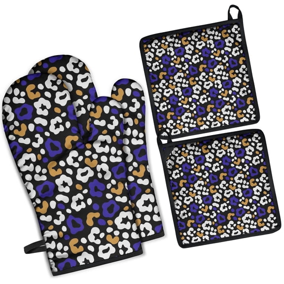 Leopard Print Oven Mitts and Pot Holders Set Of 4, Heat Resistant Kitchen Gloves with Non-Slip Grip, Hanging Loop, Soft Cotton Lining for Baking, Cooking, Grilling, Barbecue