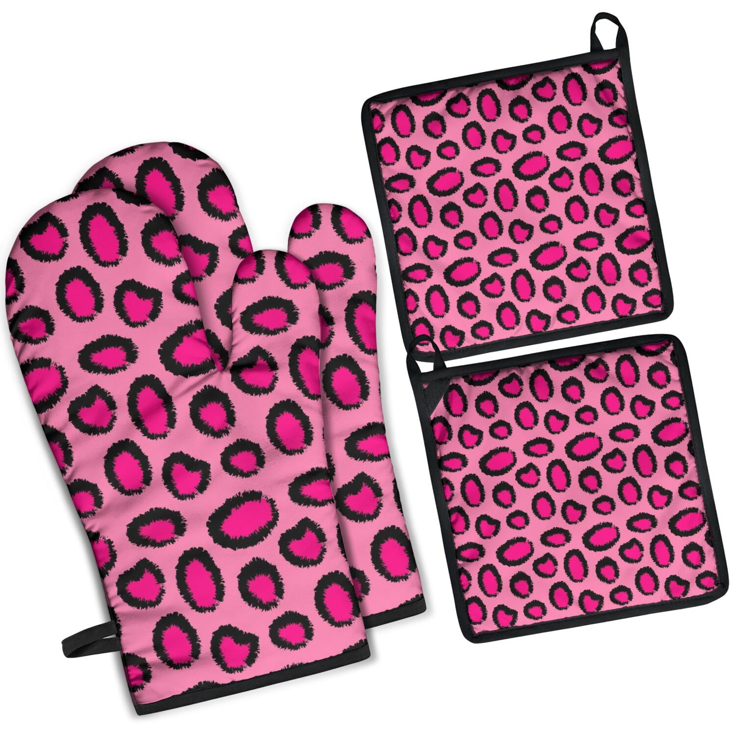 Leopard Print Oven Mitts and Pot Holders Set Of 4, Heat Resistant Kitchen Gloves with Non-Slip Grip, Hanging Loop, Soft Cotton Lining for Baking, Cooking, Grilling, Barbecue