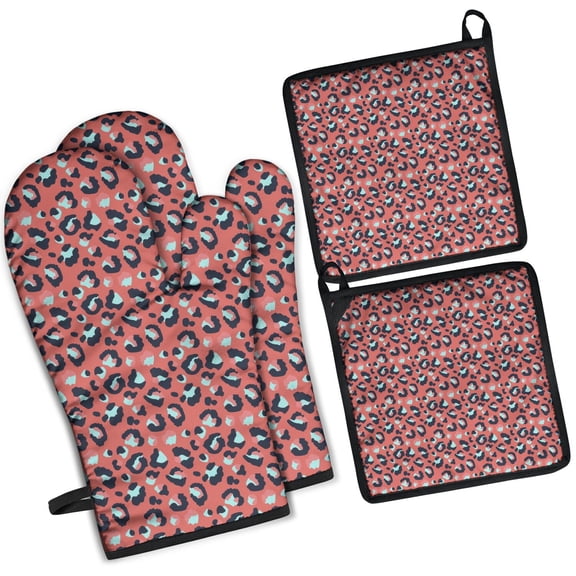 Leopard Print Oven Mitts and Pot Holders Set Of 4, Heat Resistant Kitchen Gloves with Non-Slip Grip, Hanging Loop, Soft Cotton Lining for Baking, Cooking, Grilling, Barbecue