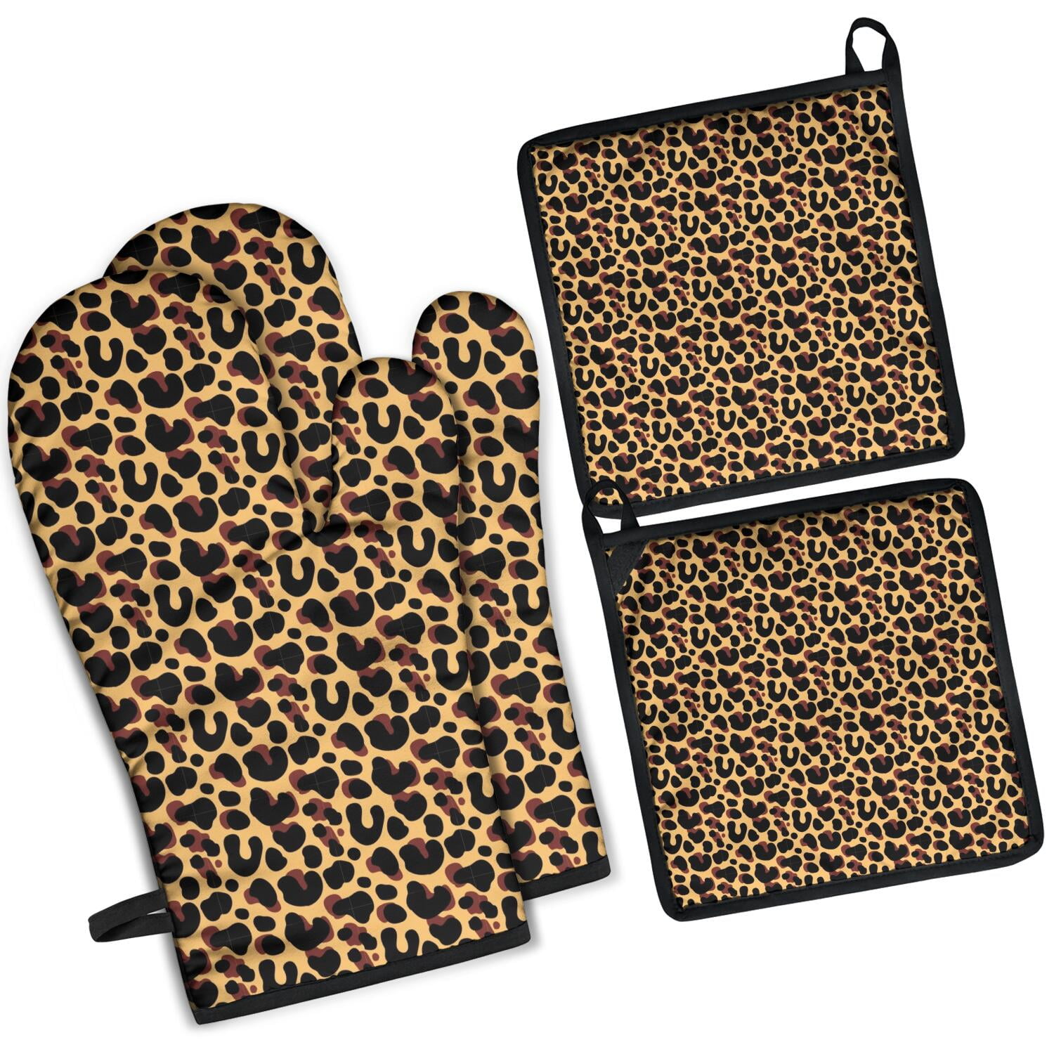 Leopard Print Oven Mitts and Pot Holders Set Of 4, Heat Resistant Kitchen Gloves with Non-Slip Grip, Hanging Loop, Soft Cotton Lining for Baking, Cooking, Grilling, Barbecue