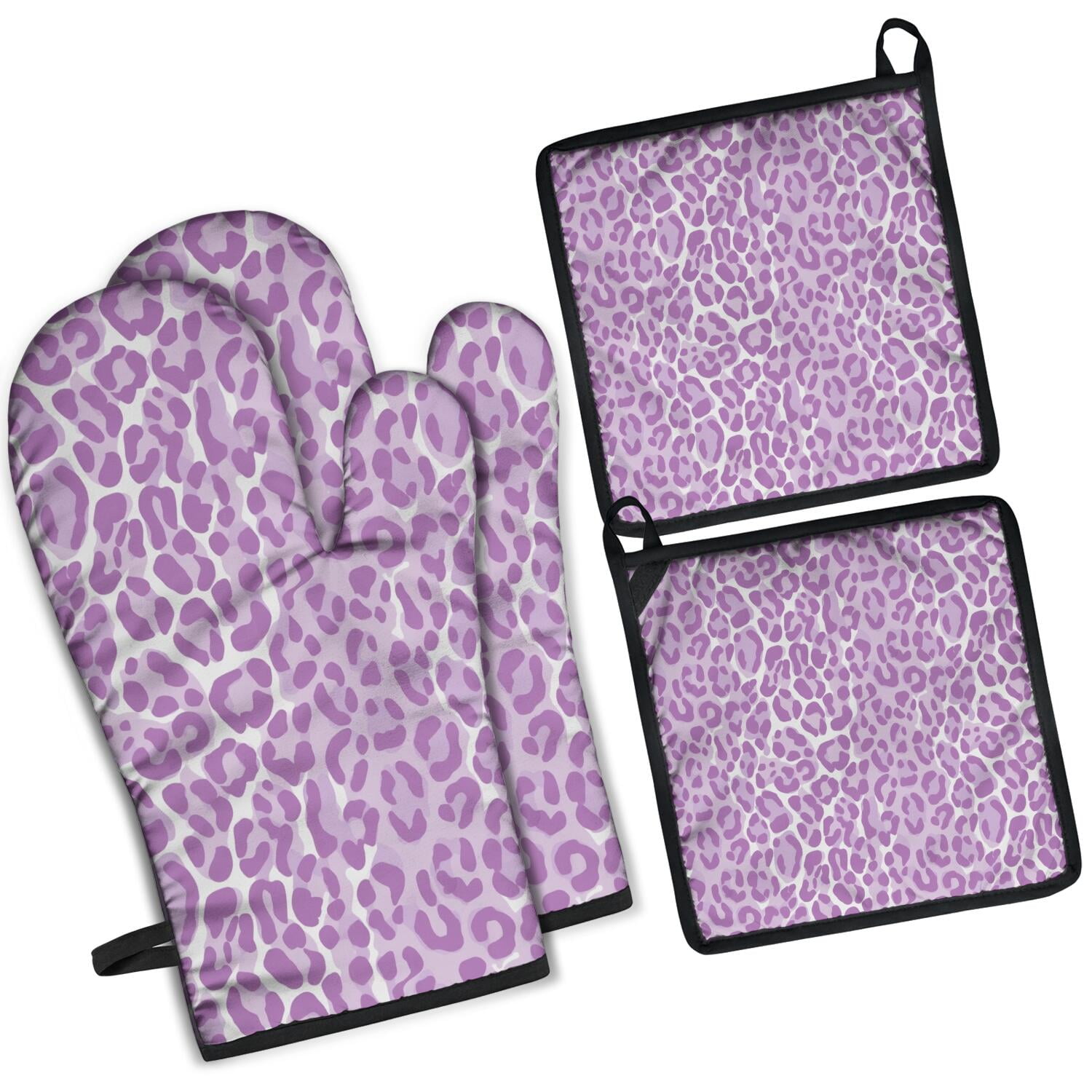 Leopard Print Oven Mitts and Pot Holders Set Of 4, Heat Resistant Kitchen Gloves with Non-Slip Grip, Hanging Loop, Soft Cotton Lining for Baking, Cooking, Grilling, Barbecue