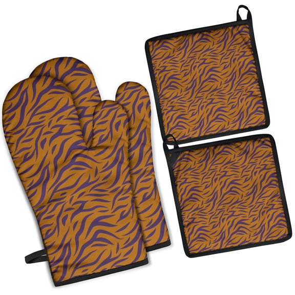 Leopard Print Oven Mitts and Pot Holders Set Of 4, Heat Resistant Kitchen Gloves with Non-Slip Grip, Hanging Loop, Soft Cotton Lining for Baking, Cooking, Grilling, Barbecue