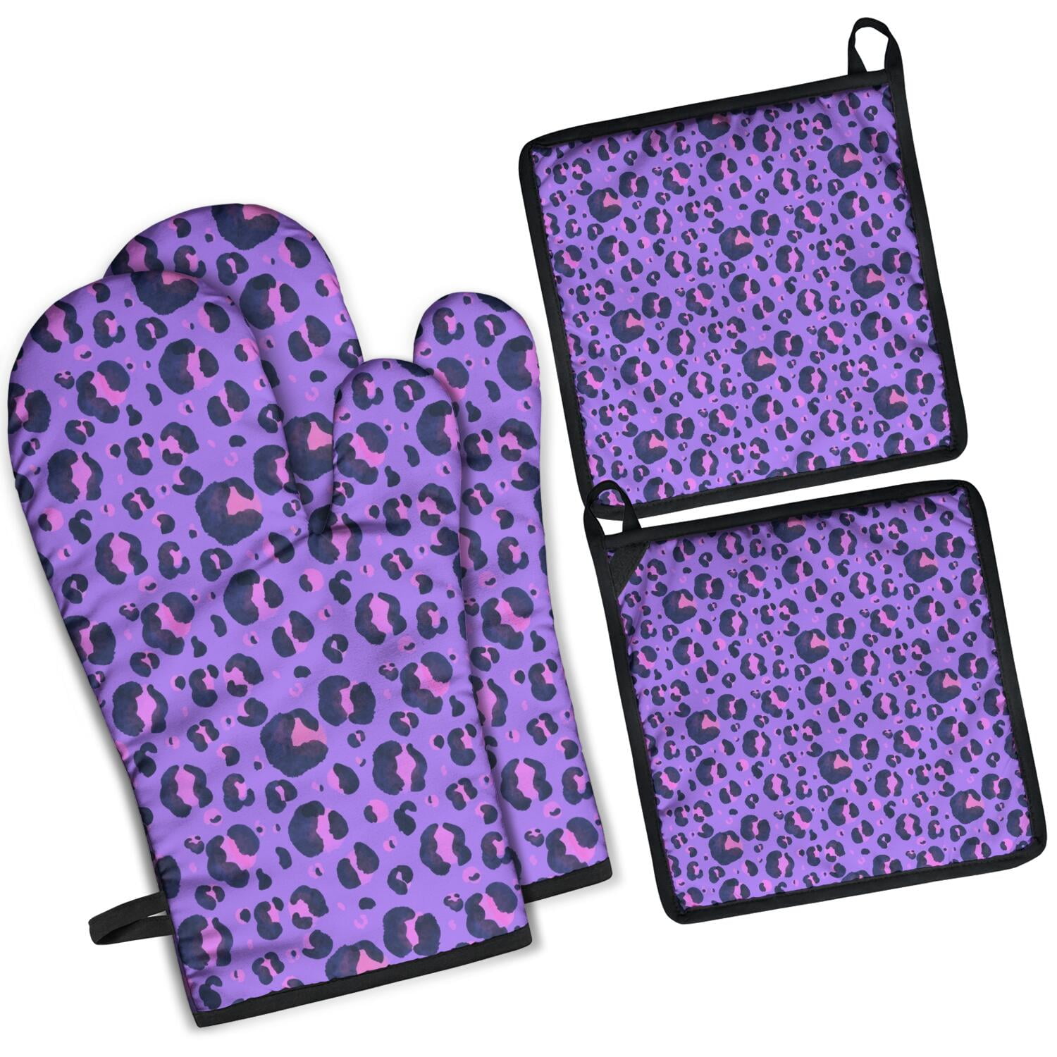 Leopard Print Oven Mitts and Pot Holders Set Of 4, Heat Resistant Kitchen Gloves with Non-Slip Grip, Hanging Loop, Soft Cotton Lining for Baking, Cooking, Grilling, Barbecue