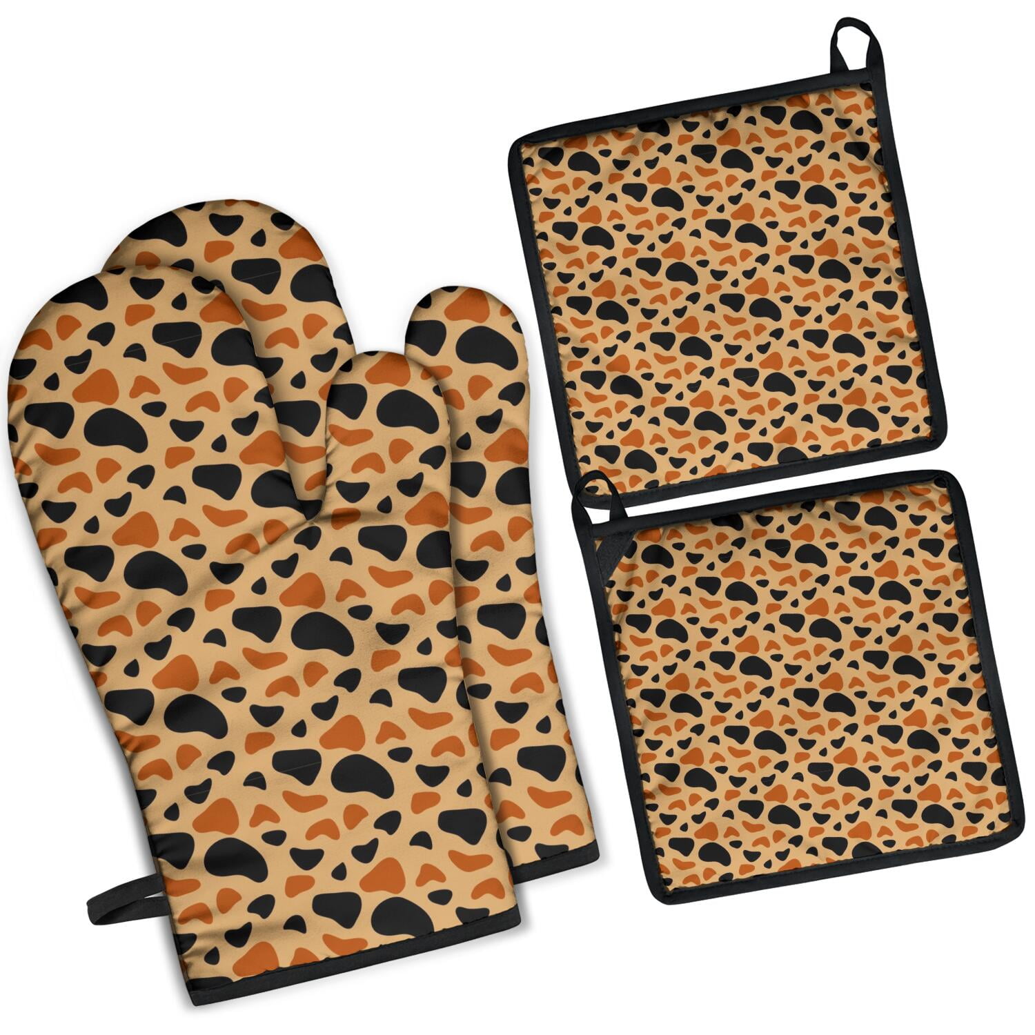 Leopard Print Oven Mitts and Pot Holders Set Of 4, Heat Resistant Kitchen Gloves with Non-Slip Grip, Hanging Loop, Soft Cotton Lining for Baking, Cooking, Grilling, Barbecue