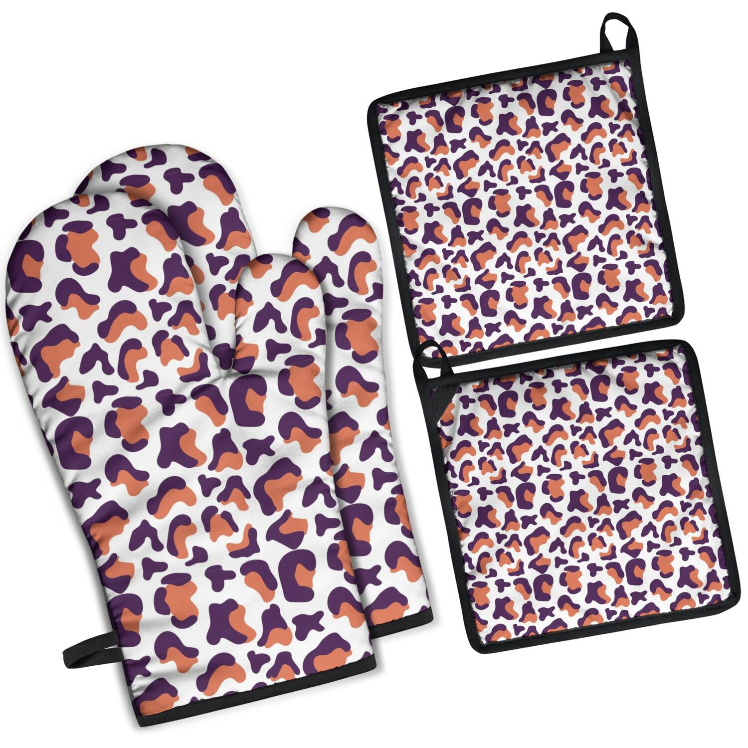 Leopard Print Oven Mitts and Pot Holders Set Of 4, Heat Resistant Kitchen Gloves with Non-Slip Grip, Hanging Loop, Soft Cotton Lining for Baking, Cooking, Grilling, Barbecue