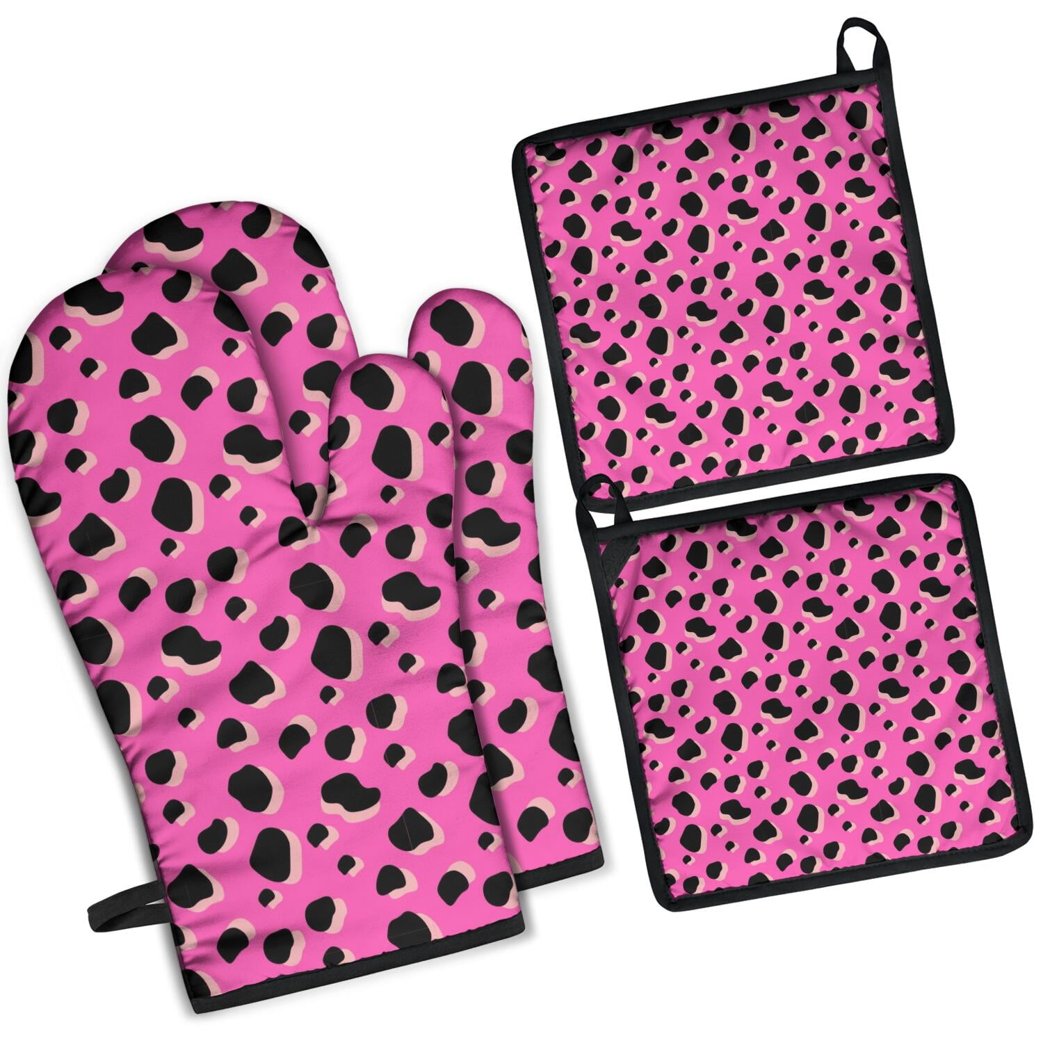 Leopard Print Oven Mitts and Pot Holders Set Of 4, Heat Resistant Kitchen Gloves with Non-Slip Grip, Hanging Loop, Soft Cotton Lining for Baking, Cooking, Grilling, Barbecue